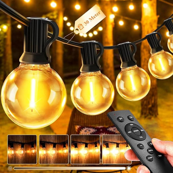 Lichterkette Aussen Outdoor LED Strom - 30M Aussen Beleuchtung Garten Balkon - Lichterketten Glühbirnen Pavillon Terrasse Party Draußen String Lights - Wetterfest Dimmbar Fernbedienung Partybeleuchtung