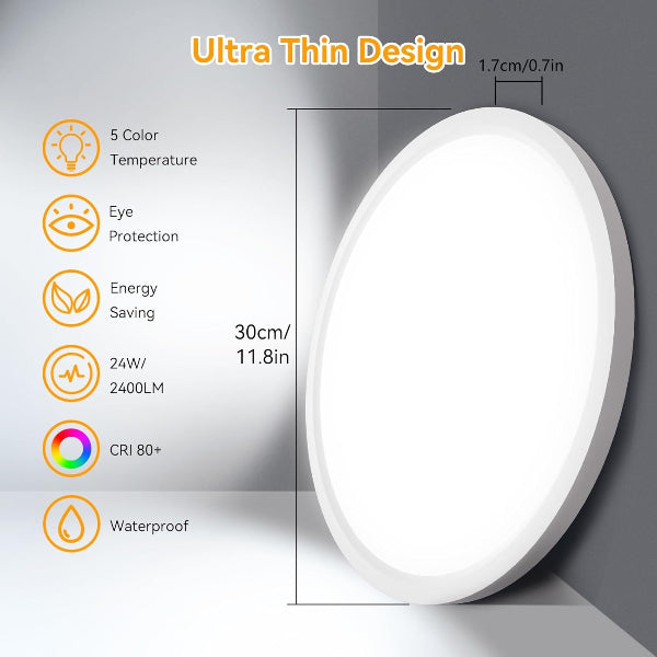 LED Deckenleuchte Flach Ø30CM, Superhell 2400LM 24W Deckenlampe Wohnzimmer, 5 Farbtemperaturen Ultra Dünn Rund Küchenlampe für Schlafzimmer Balkon Flur Garage